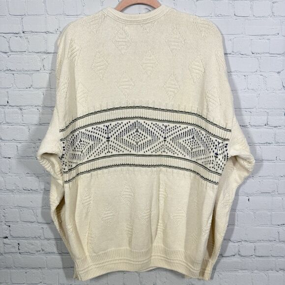 VTG 90’s Jantzen Chunky Sweater Men Large Beige Fisherman Aztec Nordic Pattern - Picture 7 of 14